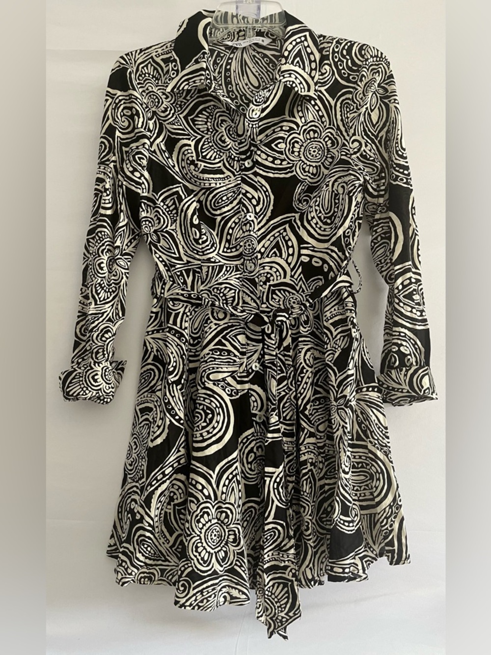 ZARA Black & Cream Paisley Belted Shirt Dress Long Sleeve Flare Mini